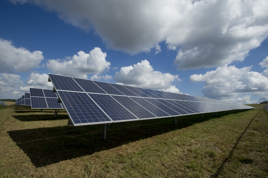 Solar panel array under a blue sky